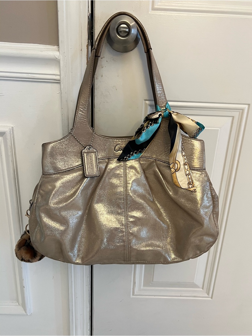 Coach Metallic Taupe Shoulder Bag with Scarf Accent
